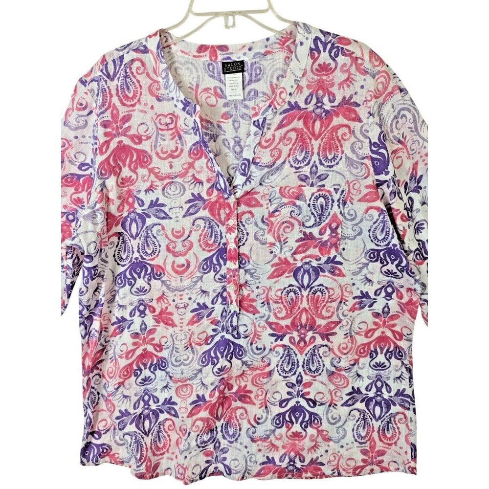 Salon Studio Women size XL Pink Purple Paisley 3/4 Sleeve Top Cotton Classic